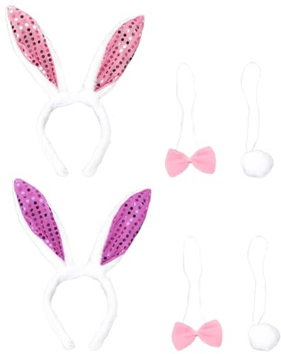 2 Set Ensemble Déguisement de Paillettes Lapin Serre-tête d`oreille de lapin+Cravate en forme de nœud papillon+Queue en Peluche Costume Enfant Adulte pour Cosplay Fête Carnaval Halloween Anniversaire