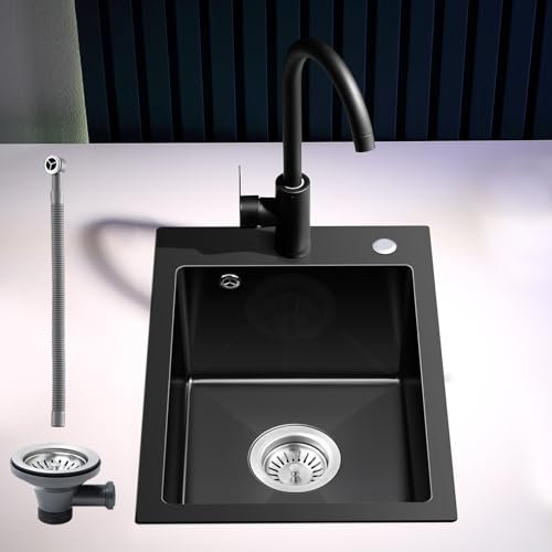 ROVOGO Spülbecken Klein Schwarz, 50 x 35 cm Spüle Küche mit Ablauf-Set, Küchenspüle 1 Becken mit Loch für Armatur und Seifenspender, Einbauspüle Gebürstet Edelstahl