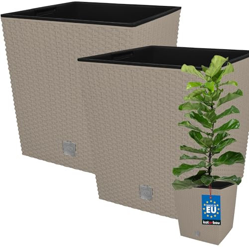 KOTARBAU® 2 x Pot De Fleur Carré De 32L avec Insert | Pot en Plastique Couleur Moka | Pot Intérieur | Pot De Jardin À Texture De Rotin | avec Cache-Pot Extérieur | Pot De Fleur Rectangulaire
