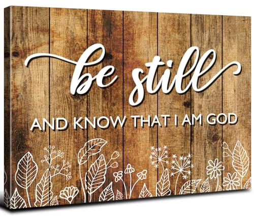 Rustikales Landhaus-Bibelvers Wandkunst mit braunem Bibelvers Be Still and Know That I Am God, christliches Bild, inspirierende Leinwanddrucke, Boho, weiße Pflanze, Poster für Wohnzimmer, Büro