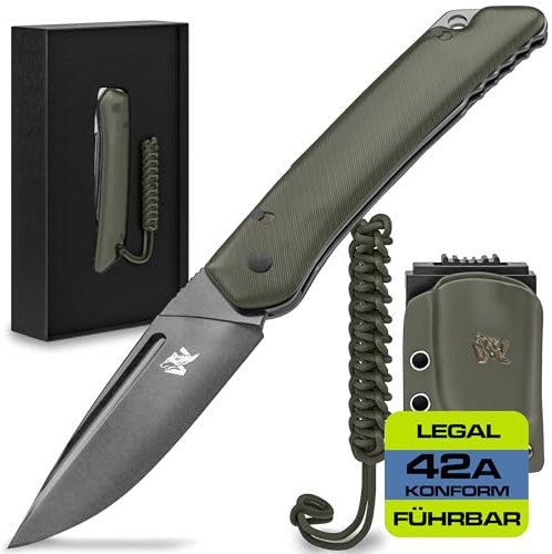 Wolfgangs CULTRO Zweihandmesser Klappmesser aus feinstem D2 Stahl und Ebenholz-Griff - Legale mitführbares Taschenmesser Klappmesser - Outdoor Survival Messer - Klappmesser Outdoor + Leder Holster