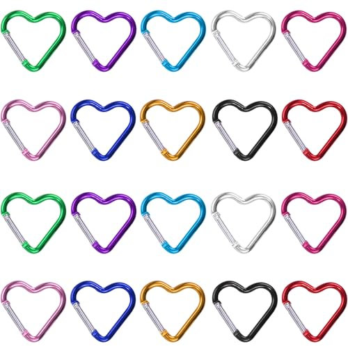20 Stück Herz Karabiner 44 * 40mm, Bunt, Herzform Aluminium - Karabinerhaken in Verschiedenen Farben