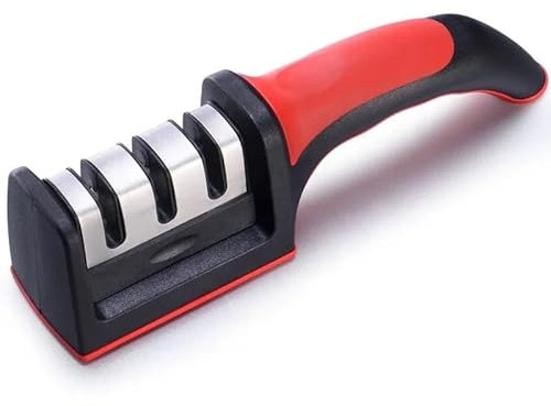 Knife Sharpener - 3 Stage Manual Sharpener for Kitchen Knives - Diamond Rods, Tungsten Carbide Plates, Ceramic Stone, Non-Slip Ergonomic Design, Red & Black, Premium Two Stages (3 Stage)