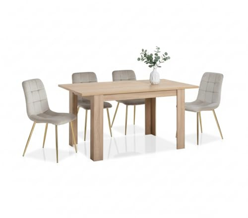Homestyle4u Essgruppe mit 4 Stühlen - Esstisch Ausziehbar 120-153 cm | Modernes Set in Eiche-Optik mit Samtstühlen in Creme & Gold, ideal für Esszimmer & Küche, robust & pflegeleicht