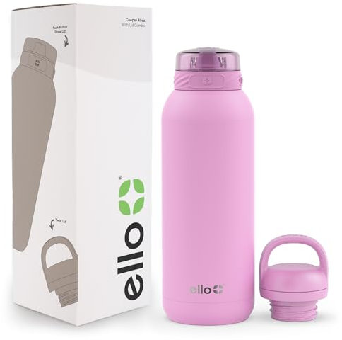 Ello Cooper - Botella de agua de acero inoxidable de 40 onzas con 2 tapas, a prueba de fugas, doble pared y aislada al vacío, asa de transporte integrada, apta para lavavajillas, rosa chicle