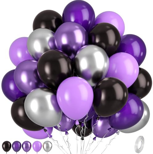 Purple Black Silver Balloons, 50pcs Purple and Black Balloons, Metallic Silver Balloon for Birthday Baby Shower Halloween Theme Party Wedding Graduation Bridal Shower Bachelorette Decorations Supplies