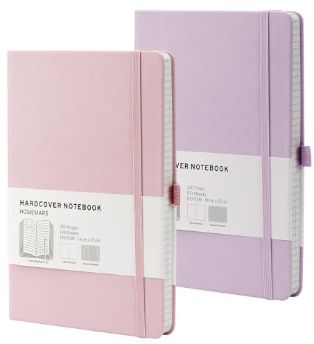 HOMEMARS Notizbuch, Notebook,Blanko a5, Notizbuch A5, Journal Buch, Skizzenbuch, Notizblock, Notizbücher a5, 100GSM, 200 Pages, 2 Stück, Blanko Papier,Leder Hardcover,Lila Rosa