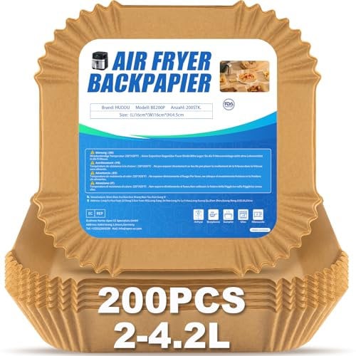 200 Pezzi 16cm Fogli di Carta Forno per Friggitrice ad Aria 2-4,1 L, Antiaderente Usa e Getta Pergamena Liner Accessori per Air Fryer - Quadrato