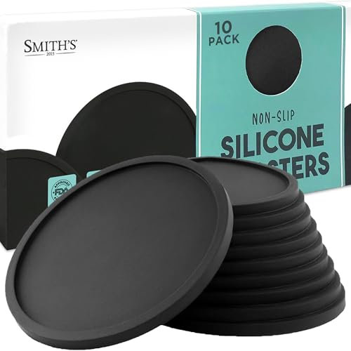 10 Pack Silicone Coasters by Smith’s® | 10cm Diameter | Black / V2 | Round | Anti-Slip Base | Safe, Non-Toxic Silicone | Safe for All Surfaces