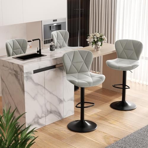 Hawthyhome Barhocker 4er Set |Barstuhl Höhenverstellbar mit Rückenlehne, Höhenverstellbar, 360° Drehbar, Kunstleder, für Esszimmer Heimbar Kücheninsel, 4 x Hocker, Hellgrau