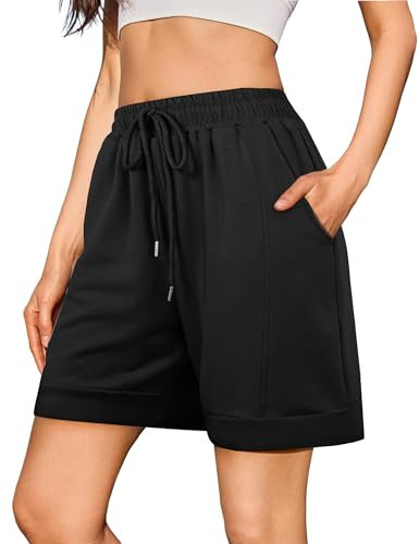 Jezonga Women's Running Shorts Gym Sport Athletic Jogging Lounge Sweat Shorts Summer High Waisted with Pockets for Yoga Workout Knee Length Black, M