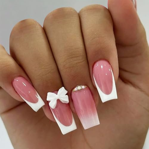 Long Square French False Nails - Fake Nail with 3D Bow Nails French Tip with Glue - Stick on Nails White Nail Tips for Women Girls Valentines Days Nails Art (Pink White)