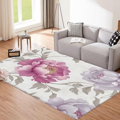 CEDNXOER 200x300cm Weicher Teppich Moderner Lila Blütenblätter Anti-Rutsch,schmutzabweisender, modischer und waschbarer Schlafzimmerteppich, Pfingstrose Blumen Kinderzimmer Mädchen Weiß Carpet