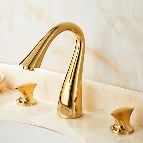 Mitigeur de lavabo de salle de bain rétro doré, robinet d'évier en laiton, robinet de salle de bain d'eau chaude et froide, mitigeur pour salle de bain vintage, 2 poignées 3 trous, robinet de