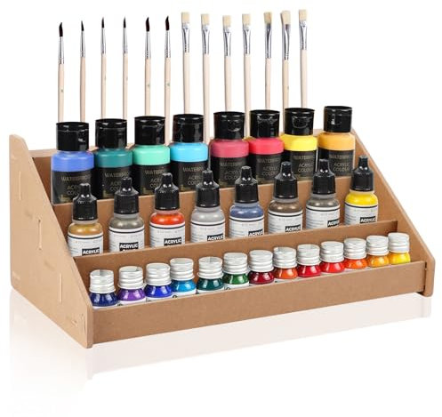 Wooden Paint Rack for Model Paints, Ladder Type Coatings Holder Organizer, Warhammer Painting Storage Stand Model Painting Station, Paint Organizer for Coatings Paints Brushes (Three Layers)