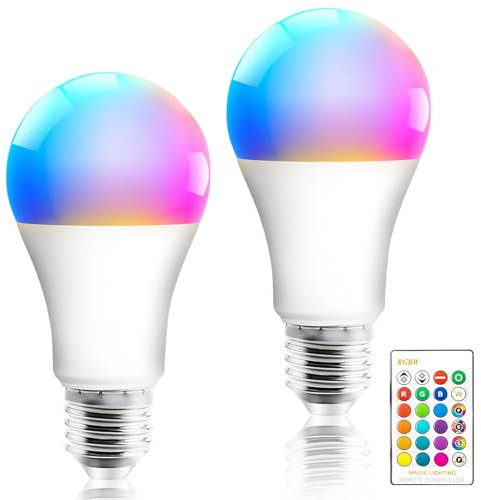GBKDQQ 2x LED Lampe Farbwechsel, E27 10W RGB Glühbirne mit Fernbedienung, Dimmbar Farbige Leuchtmittel, 16 Farben, LED Birne Warmweiß 3000K