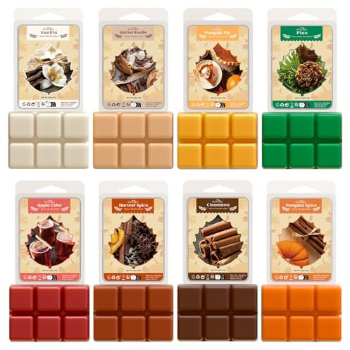 SNOWSEN Autumn Wax Melts Wax Cubes, Strong Fragrance Soy Wax Cubes for Wax Warmer, Scented Wax Melts Gift Set, Cinnamon, Pumpkin Spice, Snickerdoodle, Vanilla and More, Wax Melts Tarts - 8 Pack