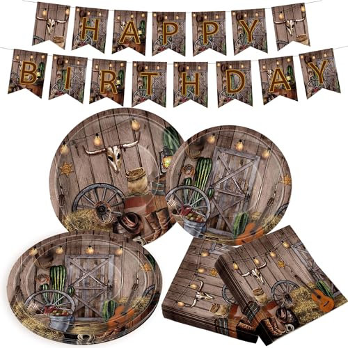 BACH AND BOOZY 41PCS Cowboy Party Decorations Birthday Banner Plates Napkins Western for Western Theme Decorations Cowboy Party Supplies