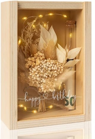 Geldgeschenk Geburtstag, Happy Birthday LED, Geldgeschenke Geburtstag, Holzbox + Trockenblumen + Reagenzglas, Geburtstagsgeschenk
