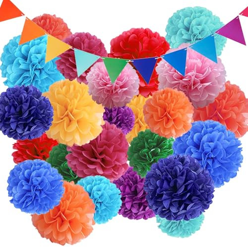 25 Stück Party Deko Partydeko Geburtstag, FORMVERSITY Deko Regenbogen Seidenpapier Pompons, Pompons Deko Hochzeitsdeko Geburtstag Deko, Girlande Deko Gartenparty Wimpelkette Bunt