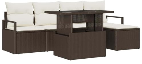 vidaXL 6-teiliges Garten-Sofa-Set mit Kissen in Braun und Creme, handgewebtes, modulares Design. Perfekt für Terrasse, Balkon oder Lounge - modern und bequem.
