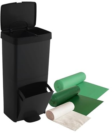 Pack Cubo de basura o reciclaje 70L en NEGRO, VERTICAL, 2 Compartimentos, Papelera residuos, 76 cm, INCLUYE bolsas de basura adaptadas(10L+30L+40L)