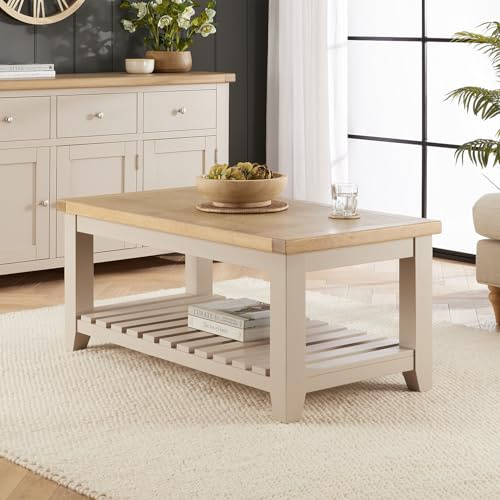 Cheshire Dove Grey Painted Coffee Table with Slatted Shelf | Solid Wood Living Room Table | Grey and Oak Centre Table | Whitewash Oak Top | Shaker Style | Fully Assembled | H 500 x W 1200 x D 600mm
