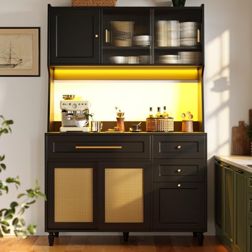 PUGSDRLY Buffet de Cuisine avec éclairage LED,Vitrine,Meuble de Rangement avec étagères réglables et Porte coulissante,Buffet Haut pour Cuisine,Salon et Salles à Manger,120x45x195.5cm (Noir-E)