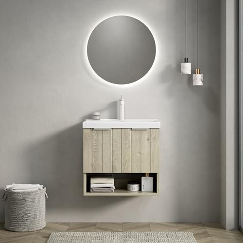 Dolamaní Waschtisch mit Unterschrank 55 cm, hängend, weißem rechteckigem Waschbecken, Gestreiftem Schrank mit Doppeltüren und offenem Regal, Off-White Eiche Holzmaserung (55 cm)