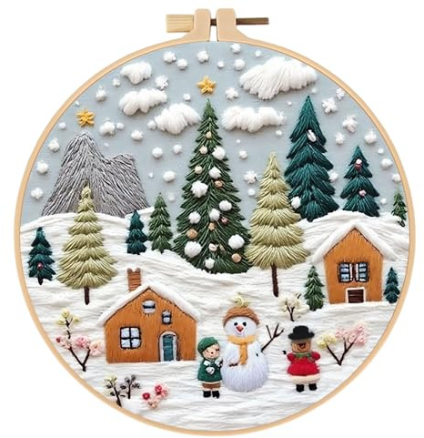 Generisch Sticken Set Erwachsene, Weihnachtsstickerei-Set für Anfänger, Kreuzstich Weihnachten Deko-mit Bambus-Stickrahmen-Durchmesser 20 cm (Weihnachts-Schneelandschaft)