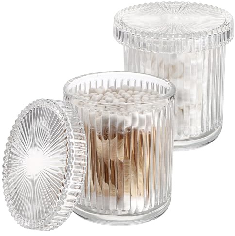 OGANAZI 2er Glas Wattestäbchen Box Transparent Wattepads Behälter Glasdose | Schminktisch Organizer Bad Klein Aufbewahrungsboxen Rund Wattepadspender für Wattebällchen, Zahnseide, Haarschmuck, Badesalz