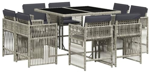vidaXL Garten Essgruppe 9-TLG., Gartenmöbel Set mit Kissen Gartentisch 8 Gartenstühlen, Gartengarnitur Platzsparend, Sitzgruppe Essgarnitur, Hellgrau Poly Rattan