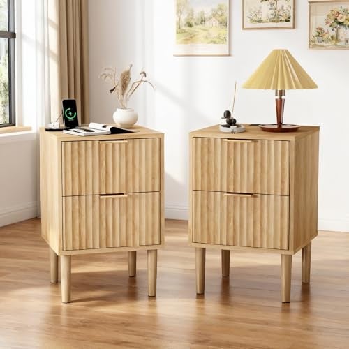LEADZM Table de Chevet Lot de 2 avec Station de Charge et Ports USB | Table d'appoint avec 2 tiroir 1 étagère Ouverte, Commode de Nuit, 40 x 35 x 60cm