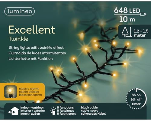 Lumineo EXCELLENT TWINKLE Lichterkette 648 LED 10 m klassisch warm – 8 Lichtfunktionen & Timer 8 h, IP44 wetterfest, 15 m Gesamtlänge inkl. 5 m Zuleitung, LED Weihnachtsbeleuchtung für Innen & Außen