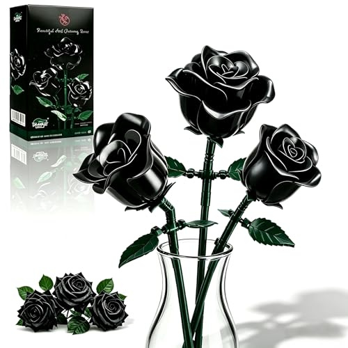 Morofme Bouquet de 3 roses noires, blocs de construction, fleurs artificielles, kit de construction pour bricolage, anniversaire, fête des mères, vacances, cadeau, artisanat, maison, bureau