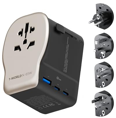 MOMAX Universal Travel Adapter 65W Safe Travel Plug Adapter for DE/UK/US/AU | Travel Adapter Worldwide with 2 USB-C, 1 USB-A, European Travel Plug, Good Travel Essentials, Titanium Gold