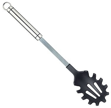 KitchenCraft Cuchara profesional para espaguetis / Servidor de pasta con cabeza de nylon antiadherente, Acero inoxidable, 35 cm, Plata/Negro