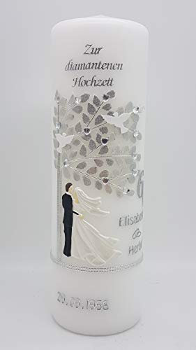 Hochzeitskerze mit Namen & Datum Diamantene Hochzeit 60 DH-07 AUCH mit AufschriftZur Hochzeit lieferbar