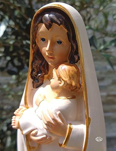 30 - 31 cm ÖLBAUM - Heilige Maria, Madonna weiß, große Mutter Gottes mit Kind, mit weißem Mantel / Umhang, Saum gold farben, Weiße Madonna als Symbol von Unschuld und unbefleckter Empfängnis - alle ÖLBAUM HEILIGEN- und Krippenfiguren zeichnen sich durch extrem sauber gearbeitete und präzise Gesichtszüge der Figuren aus, coloriertes Holzfiguren- bzw. Echtholzimitat, schlanke Form, standfeste und liebevoll handbemalte Muttergottes