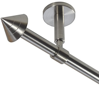 BASIT Gardinenstange Edelstahllook 16mm 1-läufig Decke Wand 200cm lang D11 | Gardinenstangenset einläufig Deckenmontage & Wandmontage Metall Vorhangstange 120-600cm wählbar Kappe Spitze E21