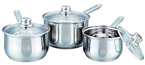Buckingham Stainless Steel Professional Induction Set of 3 Deep Saucepans with Glass Lid, 16 cm / 2.0, 18 cm / 2.8 20 cm / 3.8 Litre-Premium quality, 40 x 25 x 15 cm