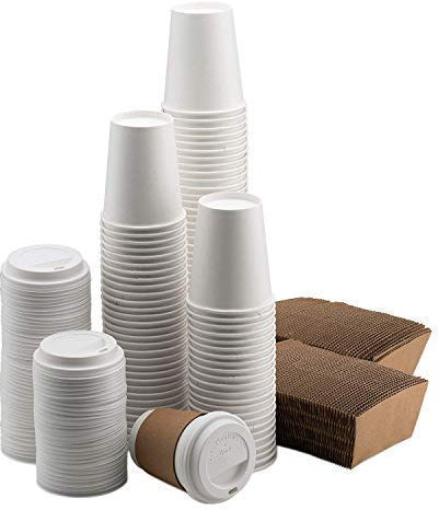White Paper Cups for Hot Drinks | Coffee Cups with White Thru Lids and Sleeves 16oz (455ml) (100)