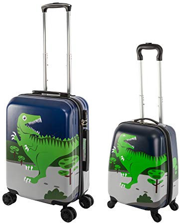 Travelhouse Kinderkoffer mit Dinosaurier Motiv - ABS Hartschalen-Trolley Kindertrolley 27L+ 41L Carry-On ohne Schloss speziell für Kinder und Bordkoffer mit Schoss - Gepäck-Set