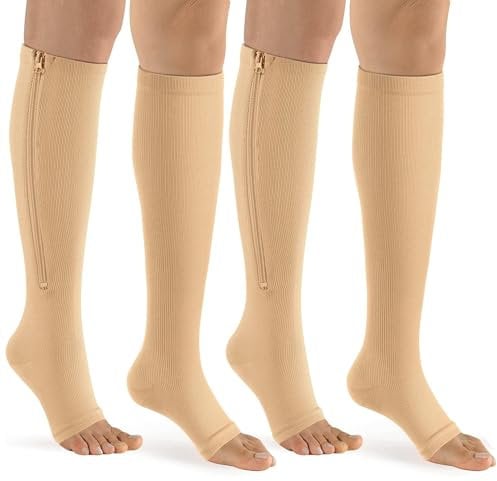 bropite Kompressionsstrümpfe mit Reißverschluss, 2 Paar, Wadenhöhe, offene Zehenpartie, Kompressionsstrümpfe (XX-Large, B- NUDE)