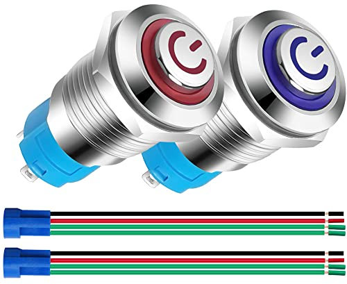 Gebildet 2pcs 12mm 12V-24V 3A Interruptor de Botón de Bloqueo Acero Inoxidable Impermeable Plana Top, Normalmente Abierto SPST ON/Off Pulsador con Enchufe de Cable(Azul+Rojo,Cabeza Alta)
