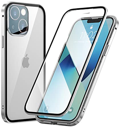 MIMGOAL Case for iPhone 13, Magnetic Metal Bumper 360 Degree Full Body Protective Case with Front and Back Transparent Tempered Glass Crystal Clear Cover for iPhone 13 6.1,Silver