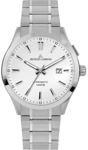 JACQUES LEMANS Herrenuhr Hybromatic Uhren Herren Chronograph aus massivem Edelstahl mit Silikon Lederarmband Modell 1-2130, silberfarben/weiß, Armband