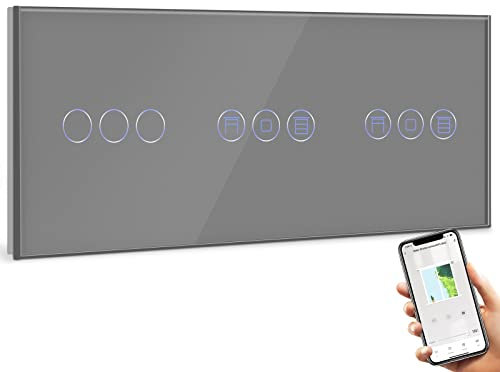 BSEED WiFi Interruptor Persiana Doble con Interruptor Gris,3 Gang 1 Vía Interruptor de Pared Compatible con Alexa y Google Home, Control por APP o Voz, Función de Temporizador, Requiere Cable Neutro
