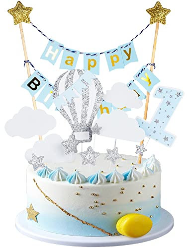 Kawailay Happy Birthday Banner Girlande Cake Topper 1. Geburtstag Kuchen Dekoration Heißluftballon Wolken Sterne Kuchen Deckel für Baby Shower Kids Junge Geburtstag Blau