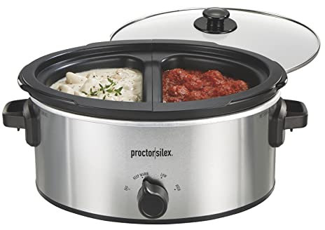 Proctor Silex Doppelter Schongarer mit 6 qt Topf und doppeltem 2,5 qt Antihaft-Einsatz zum Kochen von zwei Mahlzeiten auf einmal, spülmaschinenfester Topf und Deckel, silber (33563)